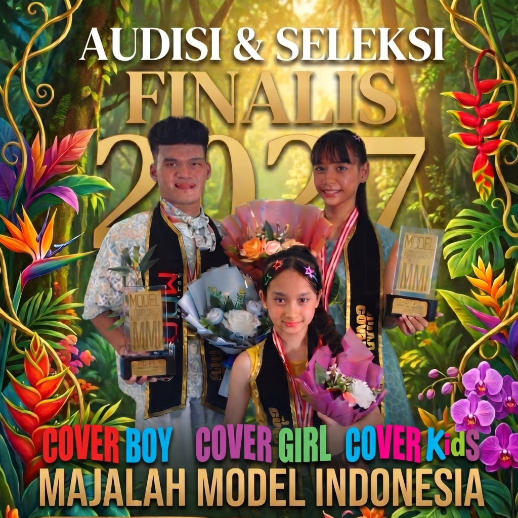 Poster audisi dan seleksi finalis 2027 untuk Majalah Model Indonesia, menampilkan tiga peserta: seorang pria, seorang gadis remaja, dan seorang gadis kecil dengan bunga dan piala.